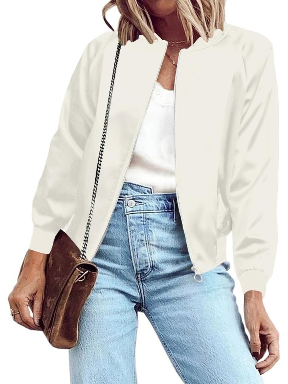 Women's Beige 100% Polyester Shiny Zip Up Casual Striped Satin Bomber Jacket